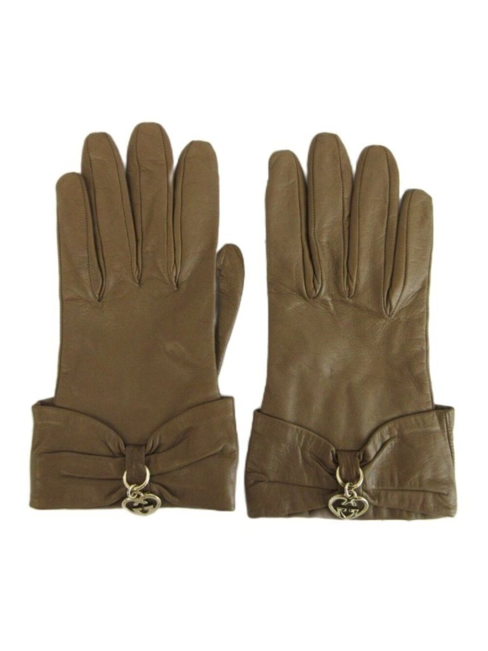 Gucci Gloves Sheep Leather Lambskin Ribbon Interlocking G Heart Charm 7 Brown